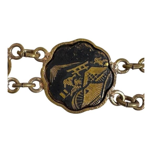 Vintage Japanese Damascene Necklace Graduated Scenic Panels Floral Pagoda 15.5" - Picture 10 of 10